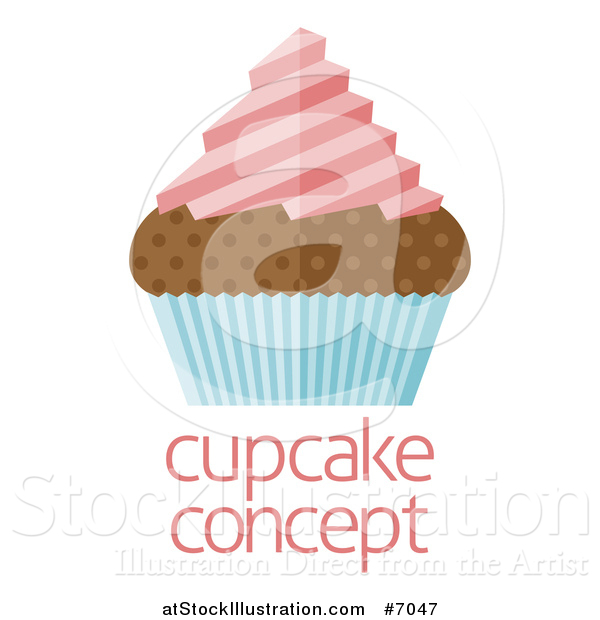 Vector Illustration of a Flat Design Chocolate Cupcake with Pink Frosting and a Blue Wrapper over Sample Text