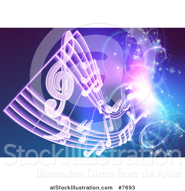 Vector Illustration of a Floating Sheet Music over Blue with Magical Lights