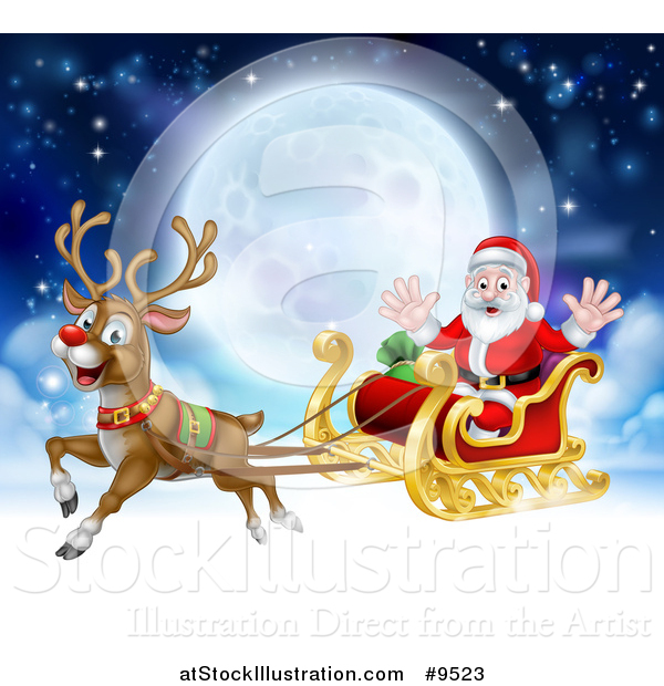 Vector Illustration of a Flying Magic Christmas Red Nosed Reindeer, Rudolph, Flying Santa in a Sleigh Above the Clouds Against a Full Moon