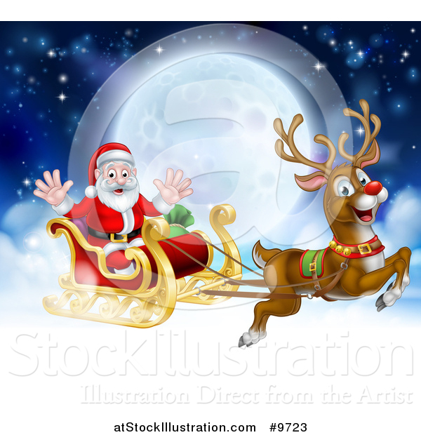 Vector Illustration of a Flying Magic Christmas Red Nosed Reindeer, Rudolph, Flying Santa in a Sleigh Above the Clouds Against a Full Moon