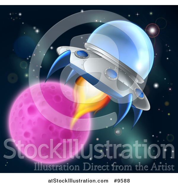 Vector Illustration of a Flying Saucer Ufo in Outer Space, near a Pink Planet or Moon