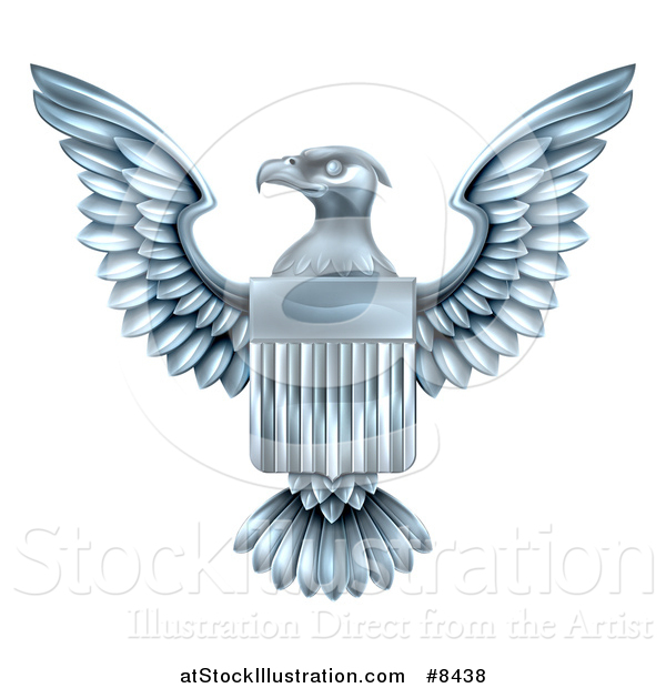 Vector Illustration of a Flying Silver American Flag Bald Eagle with a Shield
