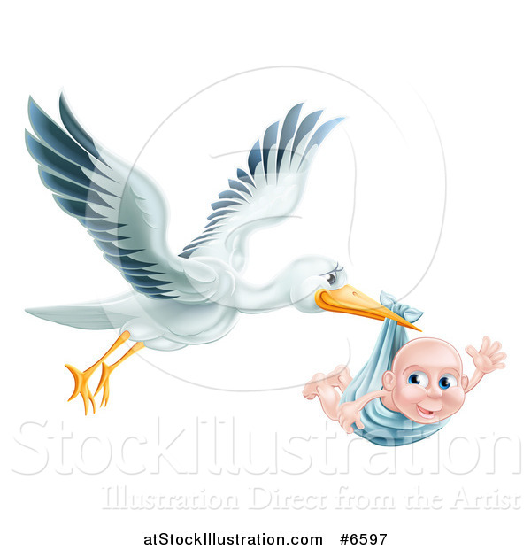 Vector Illustration of a Flying Stork Bird Holding a Happy Baby Boy in a Blue Bundle