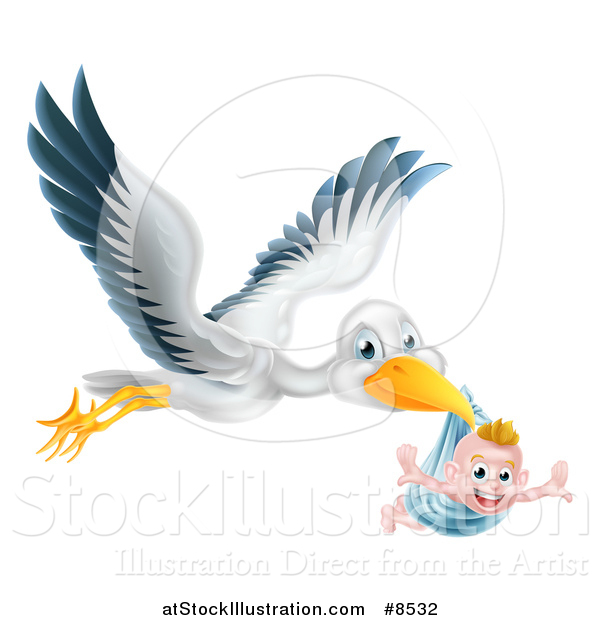 Vector Illustration of a Flying Stork Bird Holding a Happy Baby Boy in a Blue Bundle with His Arms out like Wings