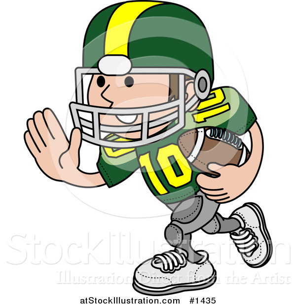 Vector Illustration of a Football Player Athlete in a Green and Yellow Uniform, Running with the Ball in Hand