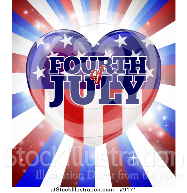 Vector Illustration of a Fourth of July American Flag Heart over Rays