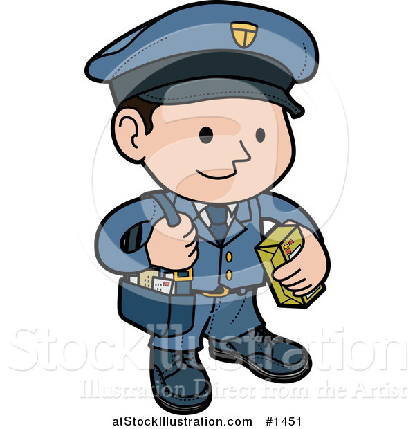 Vector Illustration of a Friendly and Smiling Mail Man in a Blue Uniform, Carrying a Bag of Letters