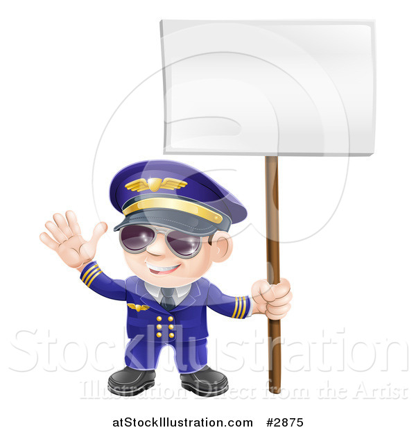 Vector Illustration of a Friendly Aviation Pilot Waving and Holding a Sign