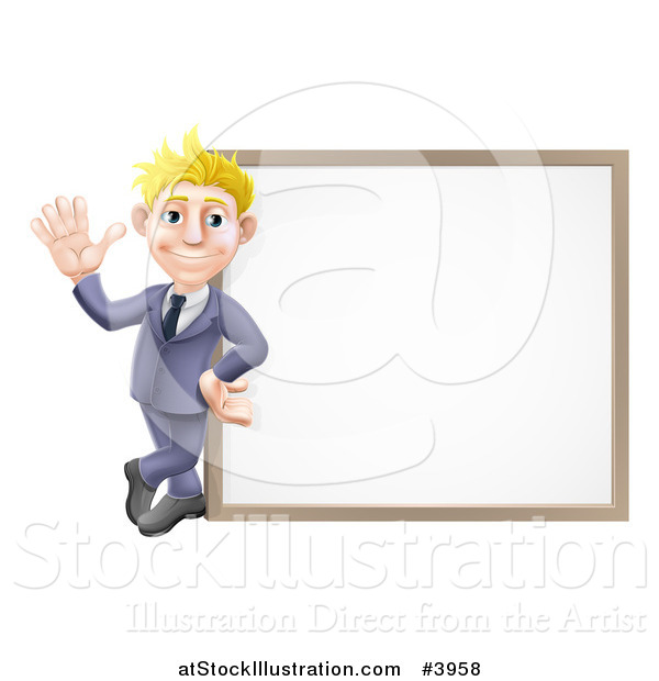Vector Illustration of a Friendly Blond Businessman Waving by a White Board