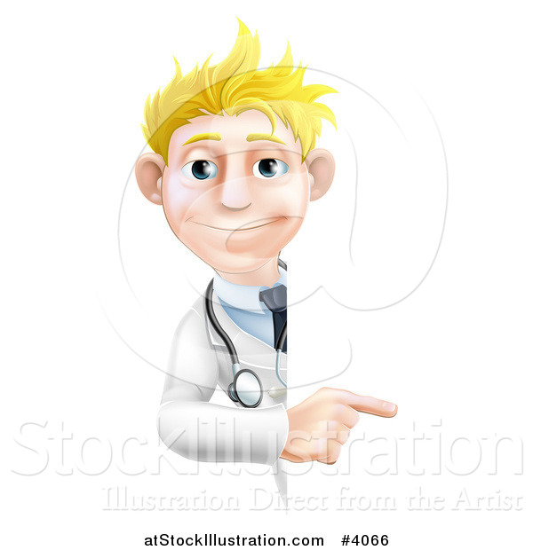 Vector Illustration of a Friendly Blond Male Doctor Pointing to a Sign