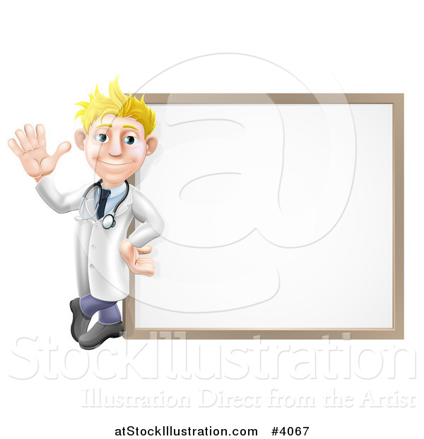 Vector Illustration of a Friendly Blond Male Doctor Waving and Leaning Against a White Board