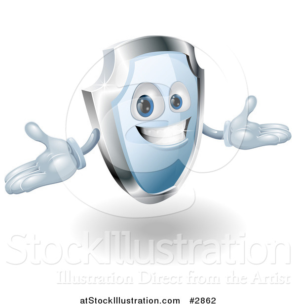 Vector Illustration of a Friendly Blue and Chrome Shield Mascot Holding His Hands out