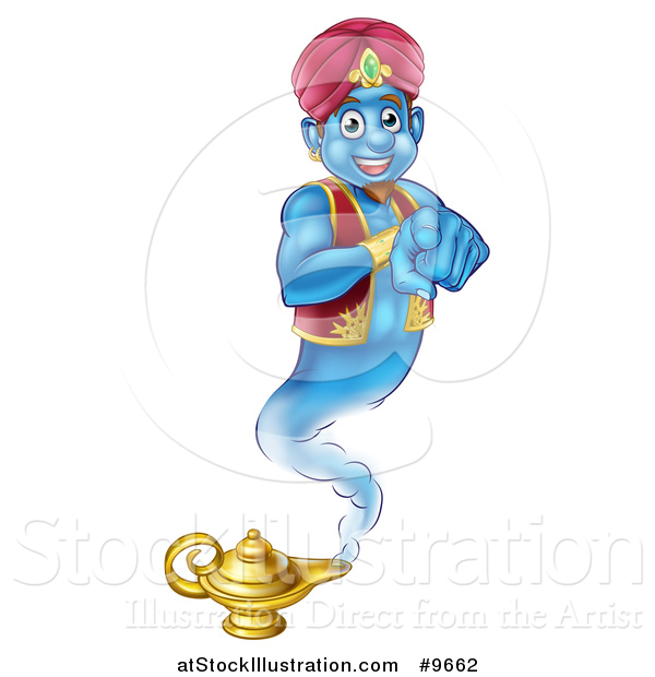 Vector Illustration of a Friendly Blue Genie Emerging from His Lamp and Pointing at You