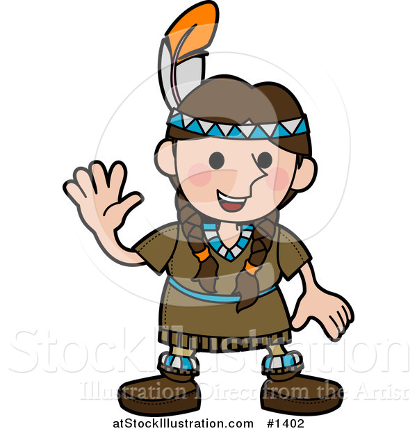 Vector Illustration of a Friendly Girl in a Native American Indian Costume Made of Leather and Beads, Wearing a Feather in Her Hair and Waving