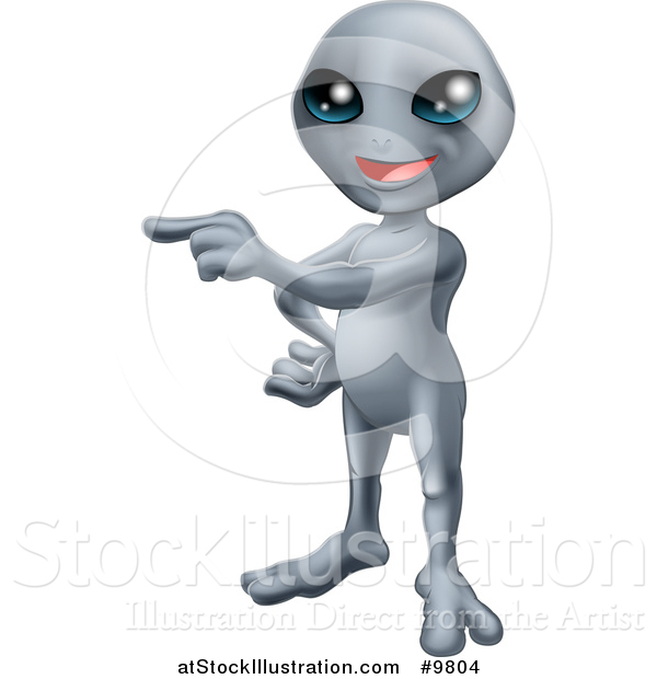 Vector Illustration of a Friendly Gray Alien Pointing to the Left