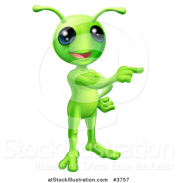 Vector Illustration of a Friendly Green Alien Pointing