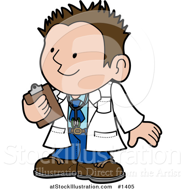 Vector Illustration of a Friendly Male Doctor in a White Coat, Holding a Clipboard and Smiling While Talking with a Patient