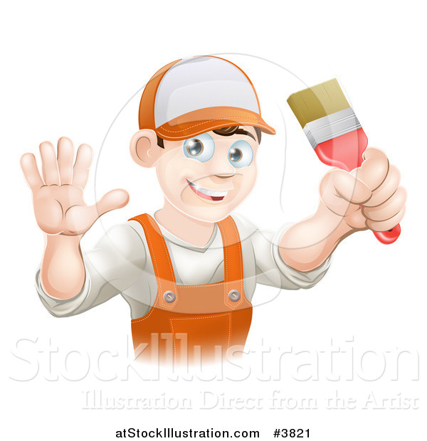 Vector Illustration of a Friendly Male House Painter Holding a Brush and Waving