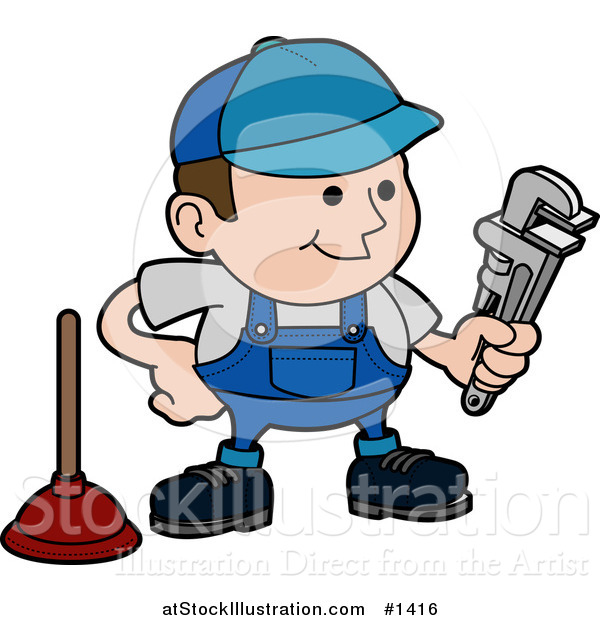 Vector Illustration of a Friendly Male Plumber in a Blue Uniform and Hat, Holding a Wrench and Standing by a Plunger