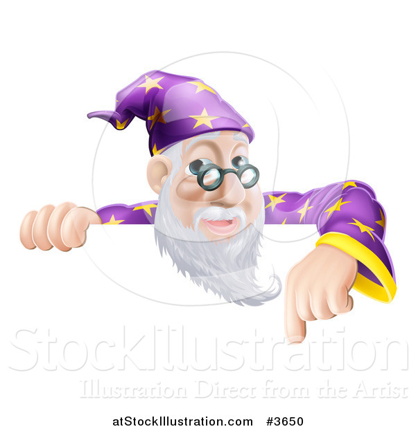 Vector Illustration of a Friendly Male Wizard Looking over and Pointing down at a Sign