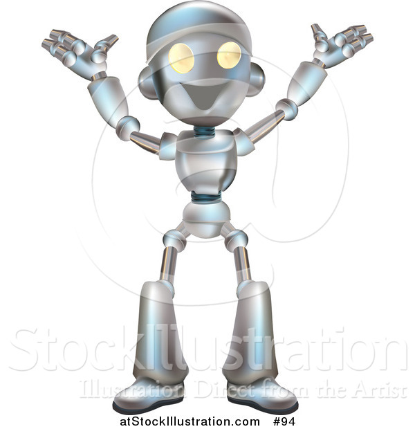 Vector Illustration of a Friendly Metal Robot Happily Gesturing with His Arms up