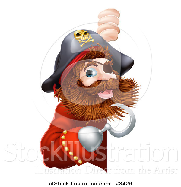 Vector Illustration of a Friendly Pirate Captain Pointing at a Sign with a Hook