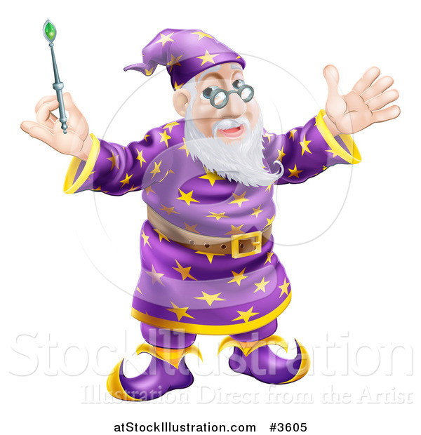 Vector Illustration of a Friendly Wizard Holding up a Wand