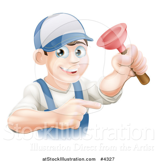 Vector Illustration of a Friendly Young Brunette Plumber Holding a Plunger and Pointing
