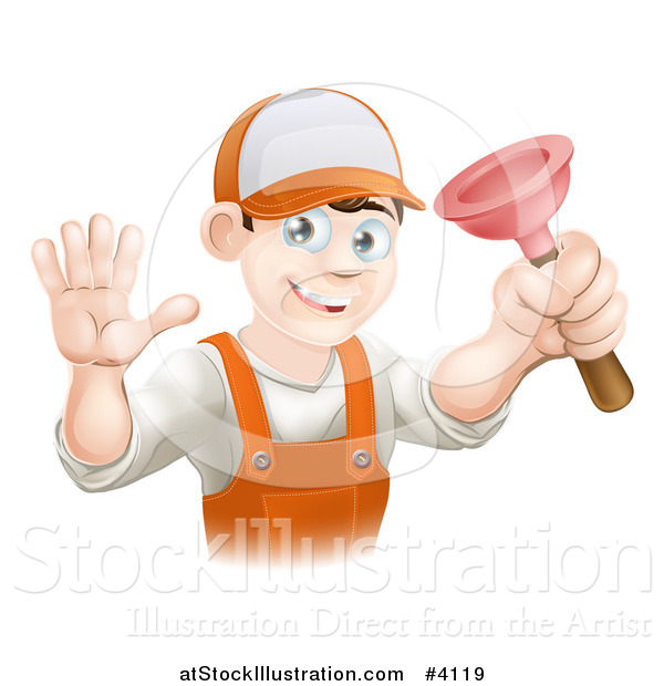 Vector Illustration of a Friendly Young Brunette Plumber Holding a Plunger and Waving