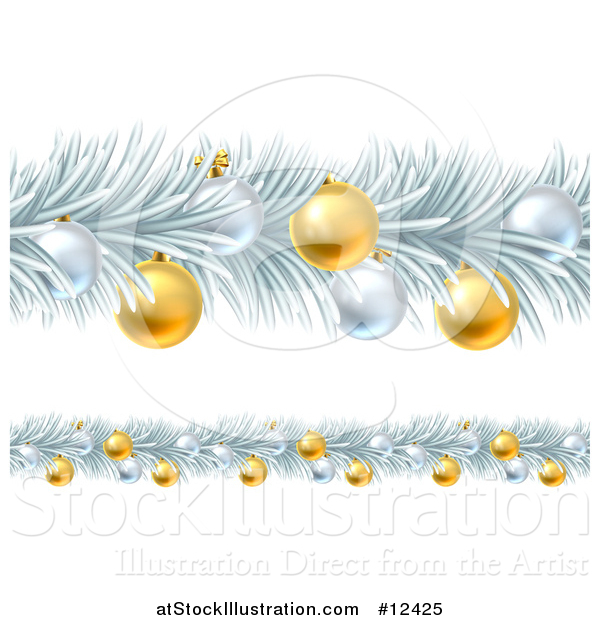 Vector Illustration of a Frozen Christmas Garlands with Silver and Gold Bauble Ornaments