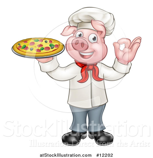 Vector Illustration of a Full Length Chef Pig Gesturing Perfect and Holding a Pizza