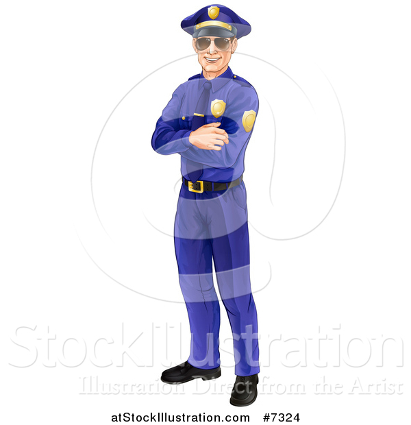 Vector Illustration of a Full Length Happy Caucasian Male Police Officer Standing with Folded Arms and Wearing Sunglasses