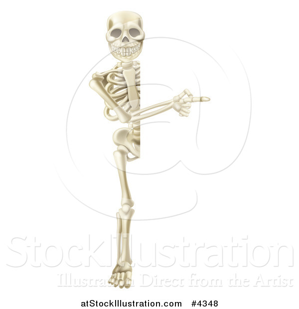 Vector Illustration of a Full Length Happy Human Skeleton Pointing to a Sign