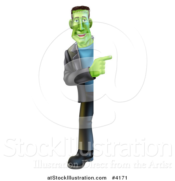 Vector Illustration of a Full Length Happy Smiling Frankenstein Looking Around and Pointing to a Sign