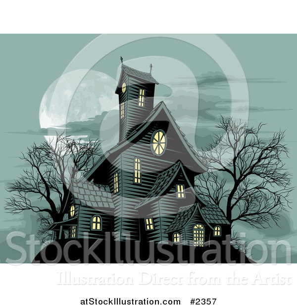 Vector Illustration of a Full Moon and Haunted House