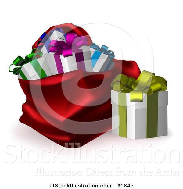 Vector Illustration of a Gift Box Beside a Red Santa Sack