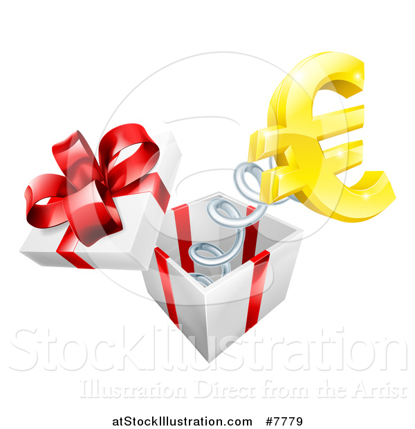 Vector Illustration of a Gift Box with a Gold Euro Currency Symbol Popping out on a Spring