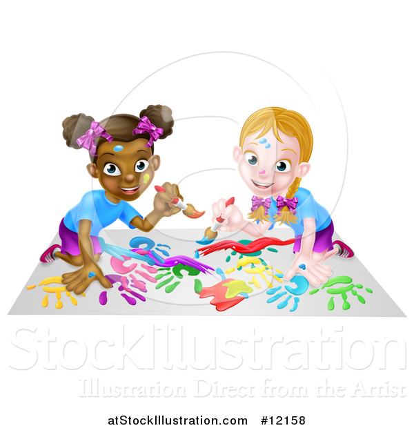 Vector Illustration of a Girls Kneeling on Paper and and Painting