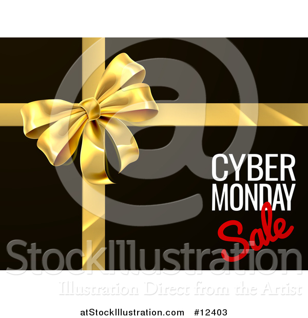 Vector Illustration of a Gold Gift Bow with Cyber Monday Sale Text on Black