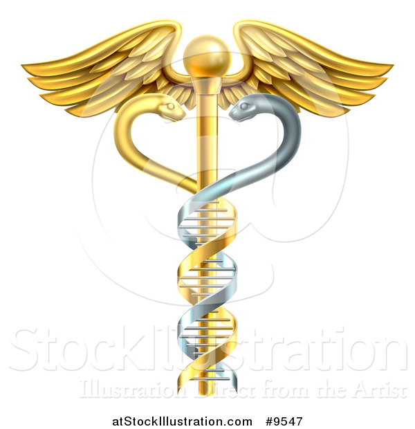 Vector Illustration of a Gold Medical Caduceus with DNA Snakes on a Winged Rod