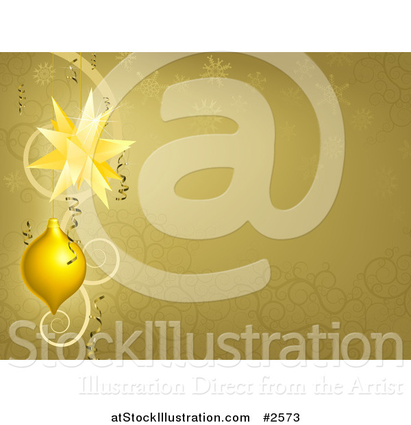 Vector Illustration of a Gold Swirl and Snowflake Christmas Background with Baubles