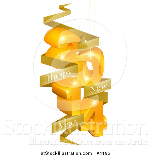 Vector Illustration of a Golden 3d Year 2014 Suspended with Happy New Year Banners