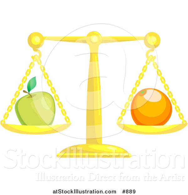 Vector Illustration of a Golden Scale Balanced with a Green Apple on the Left Side and an Orange on the Right Side, Symbolizing Opposites