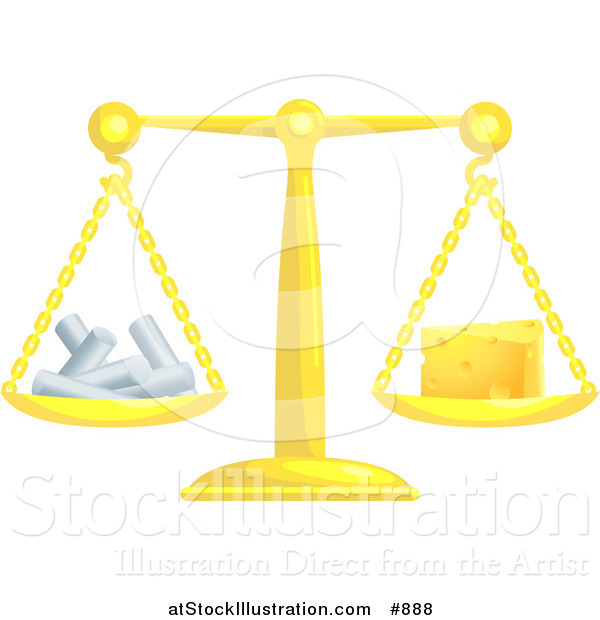 Vector Illustration of a Golden Scale Balanced with Chalk on the Left Side and a Wedge of Swiss Cheese on the Right Side