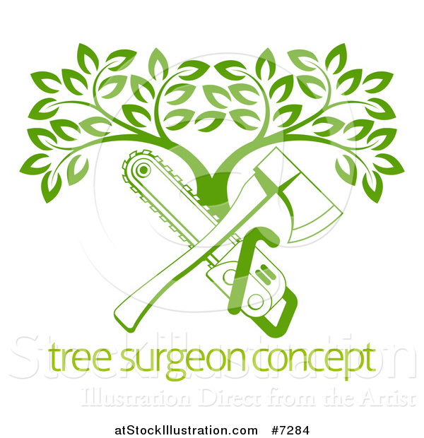 Vector Illustration of a Gradient Green Crossed Chainsaw and Axe and a Tree over Sample Text