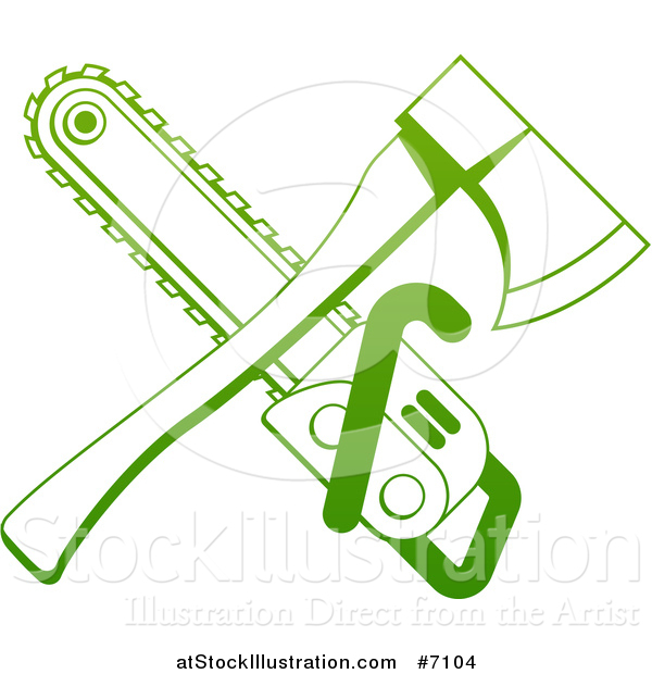 Vector Illustration of a Gradient Green Crossed Tree Surgeon Chainsaw and Axe