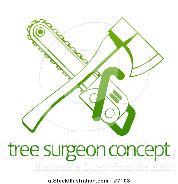 Vector Illustration of a Gradient Green Crossed Tree Surgeon Chainsaw and Axe over Text