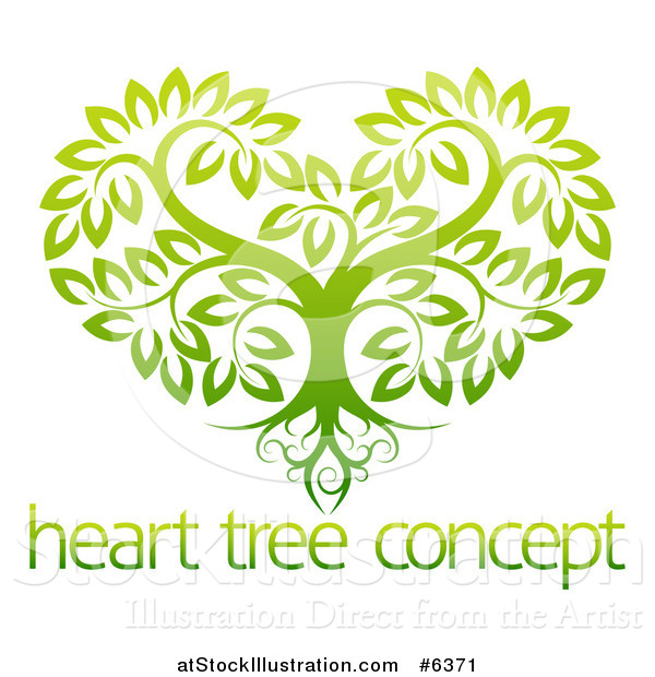 Vector Illustration of a Gradient Green Heart Shaped Tree with Roots and Leafy Branches over Sample Text