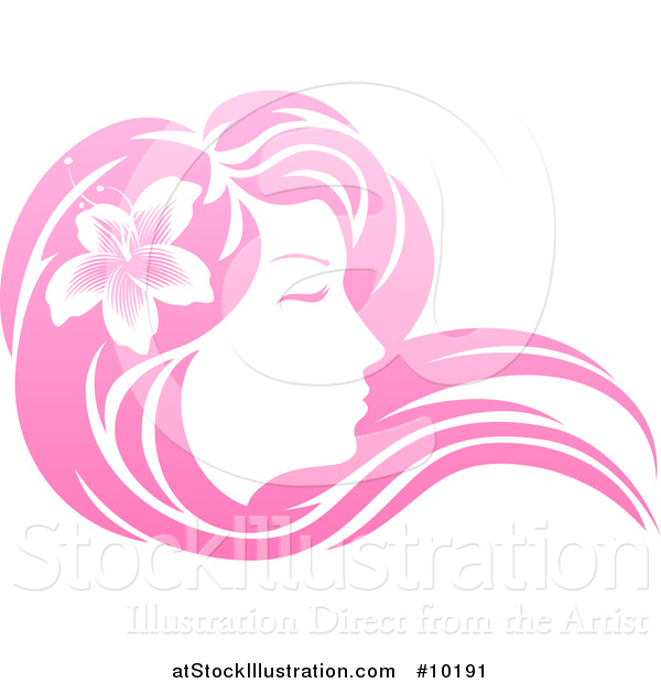 Vector Illustration of a Gradient Pink Beatiful Woman's Face in Profile, with Long Hair and a Flower