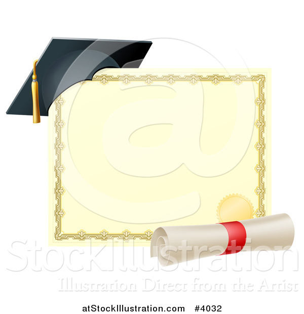 Vector Illustration of a Graduation Cap Resting on a Certificate with a Diploma Scroll